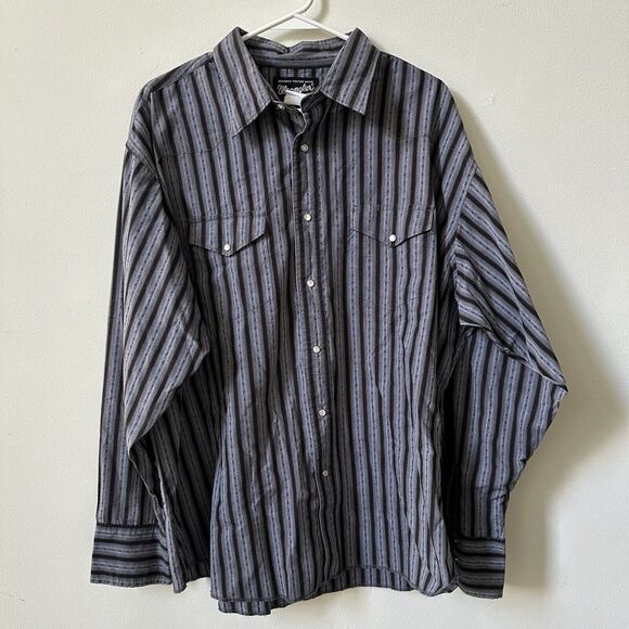 ●T-TRELL VTG Wrangler Black Label Pearl Snap Striped Western Cowboy